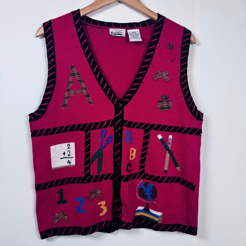 VTG 90s School Teacher Novelty Sweater Vest Red Women L Granny Whimsical Quirky